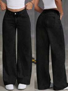 Teen Girl Casual Front Button Pocket Straight Leg Jeans - Black - View 1
