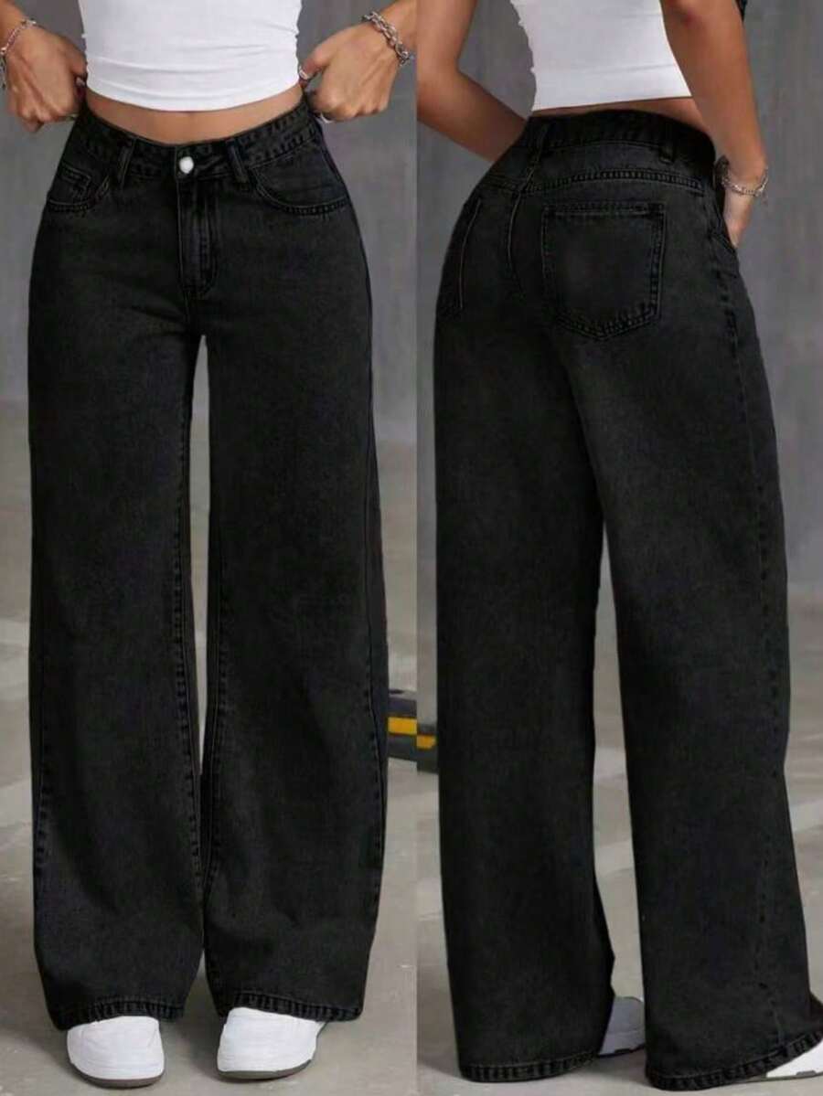Teen Girl Casual Front Button Pocket Straight Leg Jeans - Black - View 1