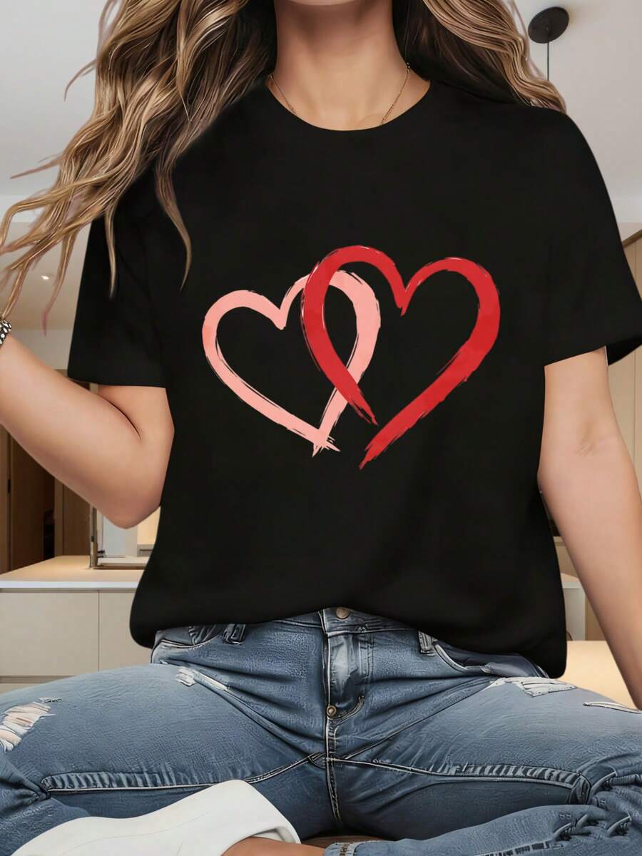 Women's T-Shirts With Round Neck And Short Sleeves Are Fun To Print On Valentine's Day. Heart Design Black T Shirt For Women Casual Short Sleeve Top Valentine Gift Fashion Crewneck TeeSuitable For Christmas Partysports Activitiesholiday Partiesoutingssports And Other Holiday Gifts (220g). - 白色 - 查看 1