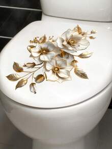 金色珍珠花卉厕所贴纸，防水贴纸，PVC材质，易粘贴易移除，适用于家居装饰、浴室装饰、房间装饰、客厅装饰、浴室装饰贴纸、墙贴、墙面装饰贴纸、家居装饰