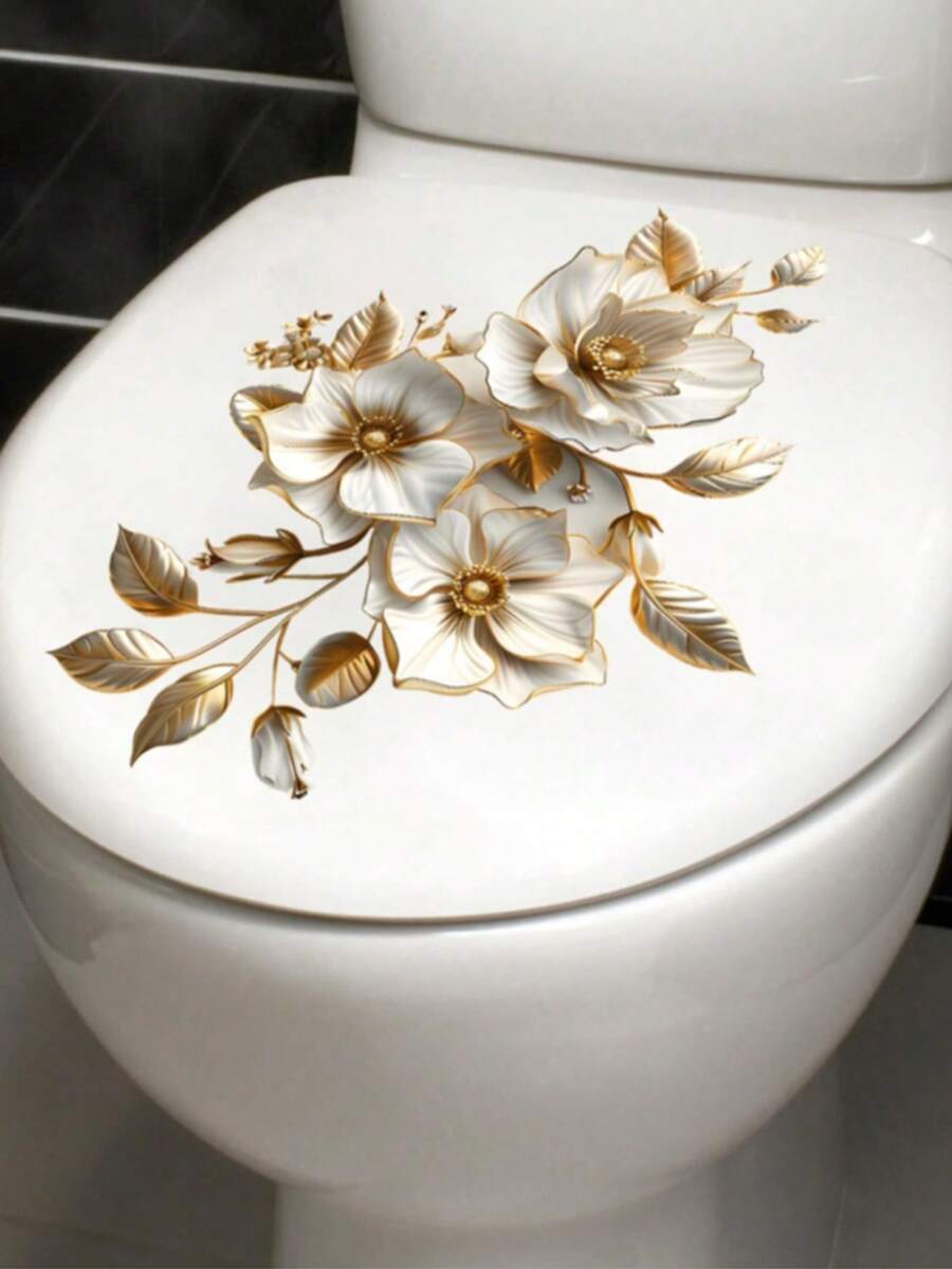 金色珍珠花卉厕所贴纸，防水贴纸，PVC材质，易粘贴易移除，适用于家居装饰、浴室装饰、房间装饰、客厅装饰、浴室装饰贴纸、墙贴、墙面装饰贴纸、家居装饰