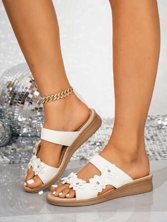 女士平底套脚凉鞋，波西米亚风纯色拖鞋，夏季花卉水钻舒适休闲简约沙滩鞋