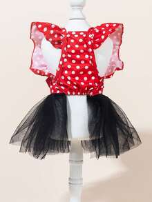 Christmas Pet Costume - Red & Polka Dot Tulle Dress With Puffy Sleeves, Button Closure, Elegant Holiday Outfit For Small Dogs & Cats Adorable Red Dog Dress With Breathable Tulle Skirt - Easy-Pull Head Design For Spring Summer Outfits, Puppy Party Costume For Small Medium Large Dogs - 黑紅 - 查看 4