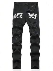 Vaqueros negros para hombres con agujeros y parches, diseño de estampado de letras, letras de color sólido, corte ceñido, pantalones de trabajo negros lavados al agua, un regalo adecuado para el marido o el novio. - Negro - Ver 1