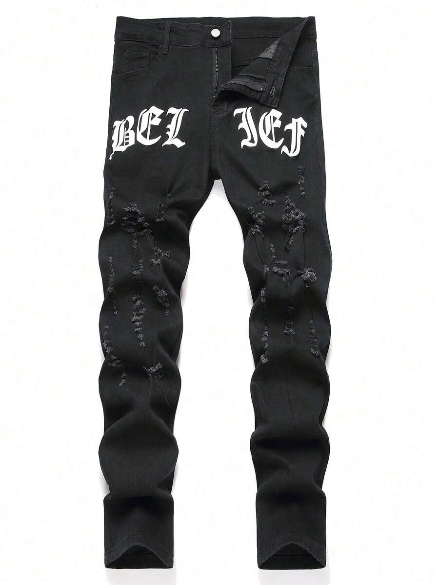 Vaqueros negros para hombres con agujeros y parches, diseño de estampado de letras, letras de color sólido, corte ceñido, pantalones de trabajo negros lavados al agua, un regalo adecuado para el marido o el novio. - Negro - Ver 1