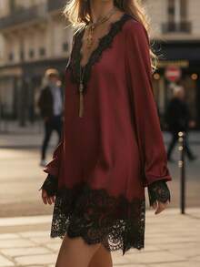 Women Patchwork Lace Mini Dress Long Sleeve V Neck Short Loose Dresses - Burgundy - View 5