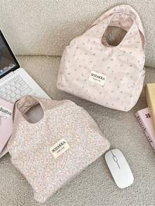 1 Piece Cute Flower Lunch Bag Large Capacity Canvas Lunch Box Bag Fashionable Checkerboard Pattern Tote Bag Camping Food Storage Bag Portable Shopping Handbag No-Closure Lunch Bento Bag School Lunch Box Storage Bag Small Commute Tote Bag Cosmetics Outing Essentials Small Items Organizer Bag Girly Bento Bag - Multicolor - View 4