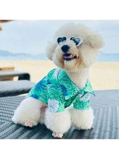 1pc Hawaiian Style Dog Shirt, Tropical Palm Leaf Print Pet Button-Up Shirt, Breathable Lightweight Dog Beach Shirt, Small/Medium Dog Cat Summer Casual Outfit, Puppy Kitty Holiday Outdoor Beach Travel Apparel