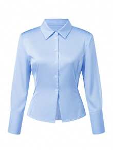 Womens Shirts Long Sleeve Lapel Collar Button Down Fashion Solid Color Slim Fit Blouses - Blue - View 1