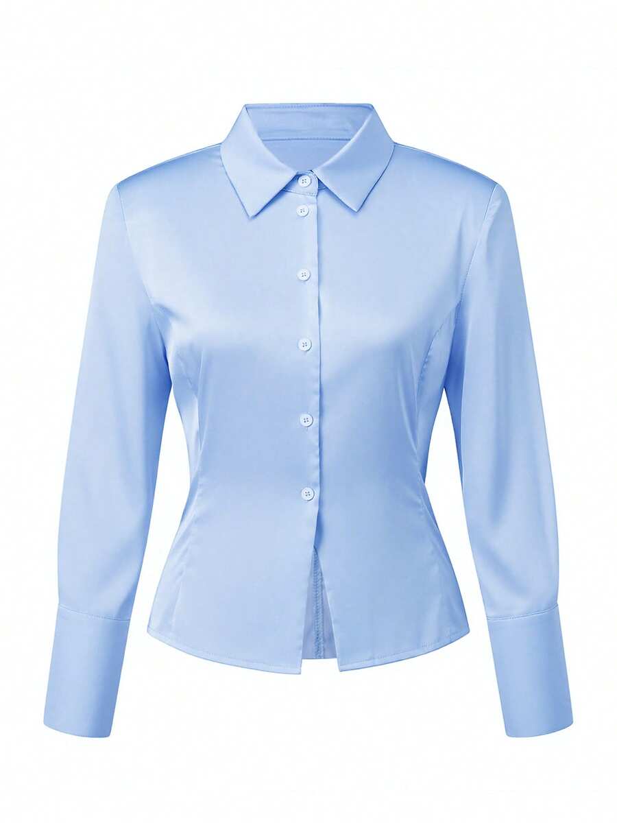 Womens Shirts Long Sleeve Lapel Collar Button Down Fashion Solid Color Slim Fit Blouses - Blue - View 1