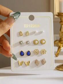 8对甜美百搭时尚花朵蝴蝶水滴形仿珍珠和水钻装饰金属色耳钉套装，适合女孩儿童派对、假期、圣诞节、新年、生日礼物及日常佩戴 - 金色 - 查看 4