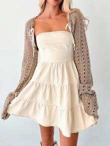 Womens Y2K Bell Long Sleeve Open Front Crochet Knit Crop Bolero Shrug Cardigan Tops For Dress Summer Holiday Swimsuit Bikini Cover Ups - 卡其色 - 查看 4