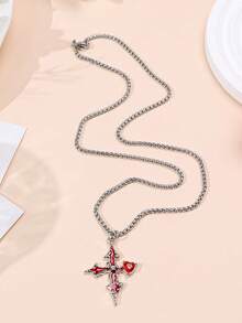 1件哥特式红色心形荆棘十字架项链，朋克风格魅力饰品 - 紅色 - 查看 5