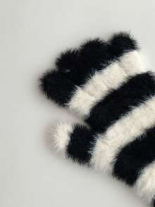 甜美彩虹条纹仿毛皮针织露指手套，女士长款羊毛针织手套，秋冬季，学生，骑行，保暖且触屏友好 - 條紋仿兔毛 - 查看 8