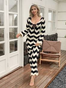 Women's Romantic French Retro Sexy Elegant Casual Vacation Comfortable Travel Contrast Color V-Neck Knitted Bow Tie Front Maxi Dress, Suitable For Daily, Evening Date, Beach, Country Music Festival, Brunch, Spring/Summer - Black and White - View 5