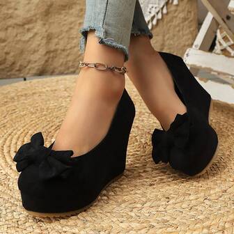 Frühlings-Neuheit Europäisch-Amerikanischer Pumps für Große Größen mit rundem Zeh und Keilabsatz, rutschfest, Plateau-Absatz, Schleife, geschlossene Spitze, einfarbig schwarz