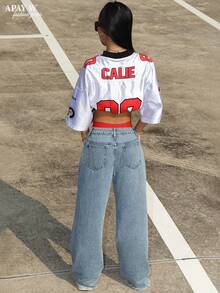 街头风女式破洞口袋毛边阔腿牛仔裤 - 淺色水洗藍 - 查看 7