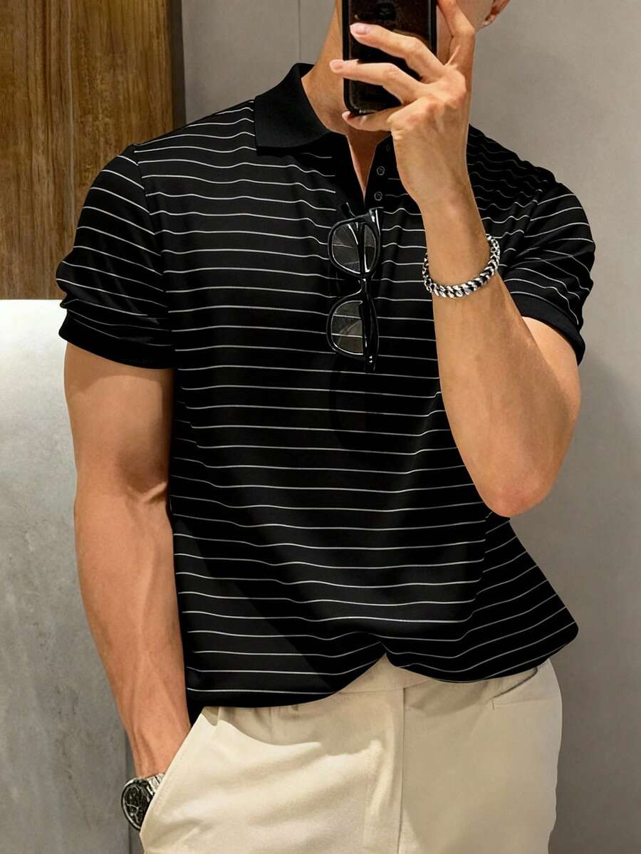 1件男士光滑透气Polo衫，短袖修身款，黑白条纹，适合户外运动和休闲穿着。 - 黑色 - 查看 1