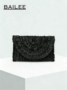 BAILEE 1 件玉米皮编织晚宴手拿包女士时尚简约纯色草编大钱包女士夏季休闲度假旅行时尚服装搭配与朋友购物 - 黑色 - 查看 2