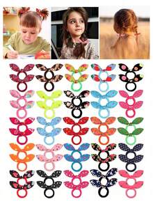 100pcs Cute Rabbit Ear Hair Scrunchies, Colorful Bow Ponytail Hair Ties For Girls - Multicolor - View 3