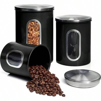3 Piece Canisters Sets For The Kitchen Airtight With See Through Window Coffee Container Tea Organizer And Sugar Canister Black