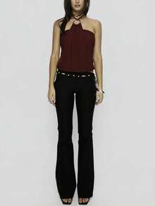 Women Y2K Halter Tank Top Sleeveless Backless Draped Front Going Out Tops Solid Color Back Tie Up Crop Vest Tops Summer Party Club Streetwear Rave Outfit Concert Outfit  Valentines Clothes  Beach Vacation Outfits - Màu Đỏ Sâu - Xem 5