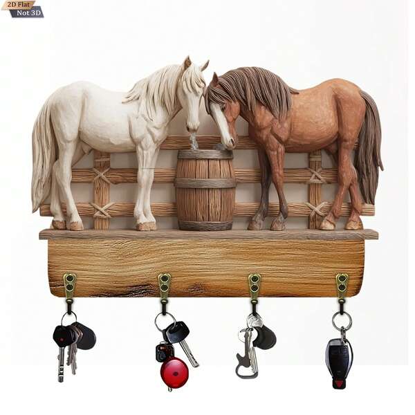 2D Flat, 1pc Madrid Horse Riding Wooden Multifunctional Home Key Hook With 4 Metal Hooks, Wall Decor, Porch Decor, Room Decor, Villa Decor, All Season Home Decor (11.8"X10.1"), Suitable For 11 Holidays Decoration Including Christmas