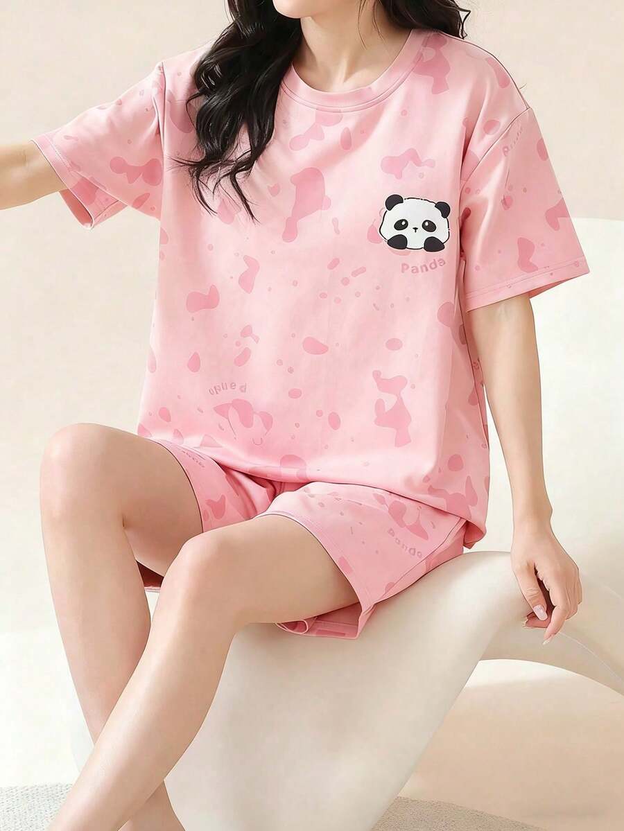 AICJ 2pcs Women Casual Panda Print Short Sleeve T-Shirt And Shorts Pajama Set, Comfortable For Spring And Summer - Pink - View 1