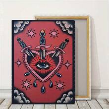 1 幅帆布海报装饰艺术风格 - 传统纹身灵感三剑客设计，带有心形和眼睛 - 可选框架幻想艺术印刷品，适用于家庭办公室、卧室、客厅装饰 - 墨水壁挂装饰 - frameless - 查看 7