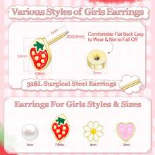 DAILI 14k Gold Plated Stud Earrings For Women, Hypoallergenic Stud Earrings Flatback Screw Back Earrings Cute Small Pearl Flower Pink Heart Strawberry 316L Stainless Steel Stud Earrings Set 4Pairs Best Gift - Cute Earring Set - D - View 2