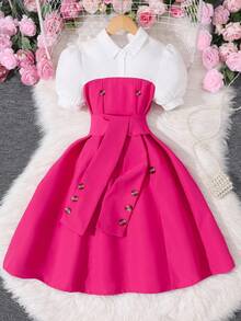 Girls Casual Polo Collar 2 In 1 Patchwork Short Sleeve Dress (Including Belt), Summer - Hot Pink - View 1