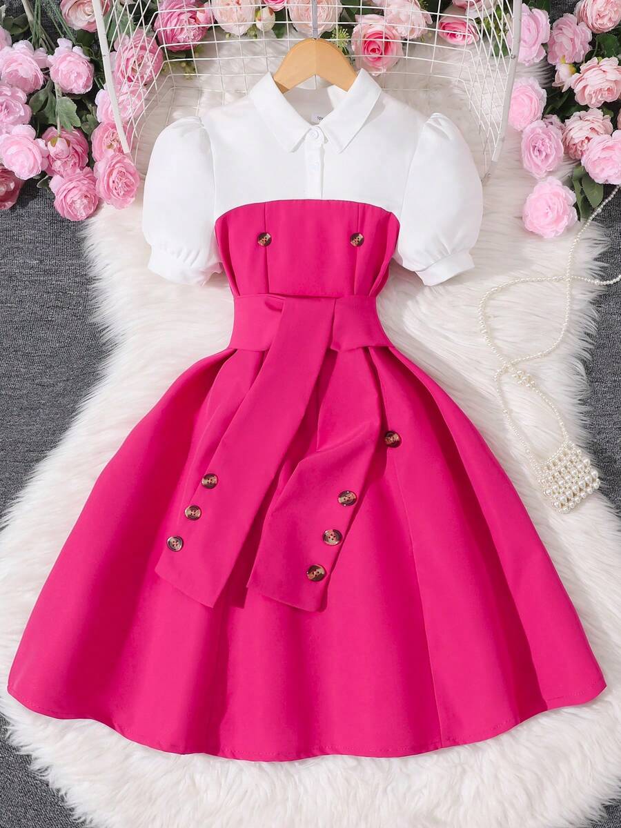 Girls Casual Polo Collar 2 In 1 Patchwork Short Sleeve Dress (Including Belt), Summer - Hot Pink - View 1