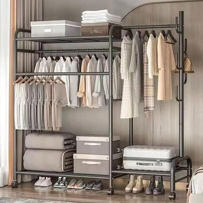 Garment Rack With Wheels Heavy Duty Metal Clothes Rack With Shelves Free Standing Clothing Hanging Rack Portable Closet Wardrobe Rack Top Bottom Storage Shelf Handbags Bedroom Organizer Black