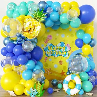 101-Piece Cartoon Sponge Balloon Decorative Arch Set, Blue And Yellow Balloons, Perfect For Birthday Decorations, Gender Reveal Parties, Pineapple Foil Balloons, Party Supplies For Kids And Teens