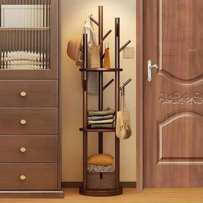 Wood Rotary Coat Rack Freestanding Coat Rack With 3 Shelves And 9 Hooks Coat Tree For Bedroom Entryway Livingroom Coat Hanger Stand For Coats Scarves Handbags Walnut