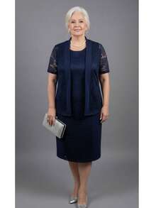 Midi Party Dress With Cardigan Jacket For Mothers, Ladies, Grandmothers, Evangelical, Discreet Congresses - 藏蓝色 - 查看 2