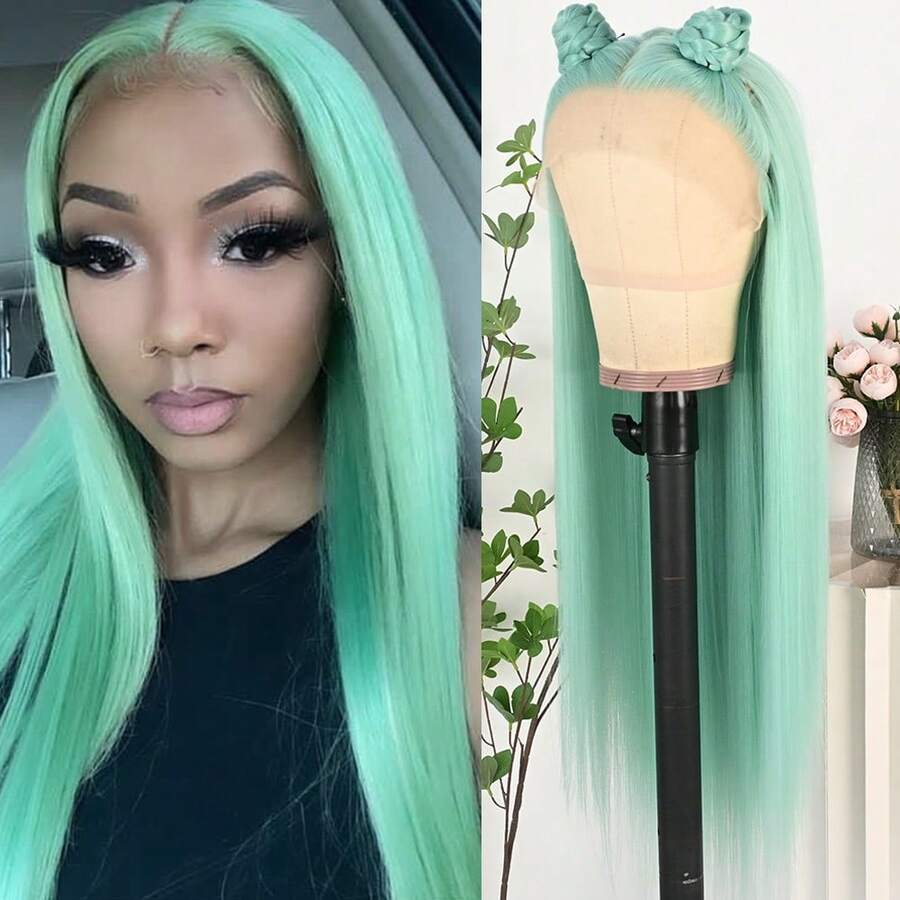 13x4 Free Part Mint Green Long Straight Lace Front Wigs Glueless Long Silky Straight Wigs Pre Plucked HD Lace 180% Density Light Green Wig Soft Free Part Wear And Go Lace Front Wigs For Fashion Women Party & Daily Wear 26 Inch - Light Green - 查看 1