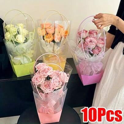 10个装梯形透明花卉手提袋，防水PP塑料材质，手提式花卉袋，花束袋，手提包，适用于花店