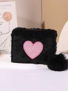 1pc New Valentine's Day Plush Wallet, Embroidered Zipper, Short Wallet, Handbag, Gift For Women