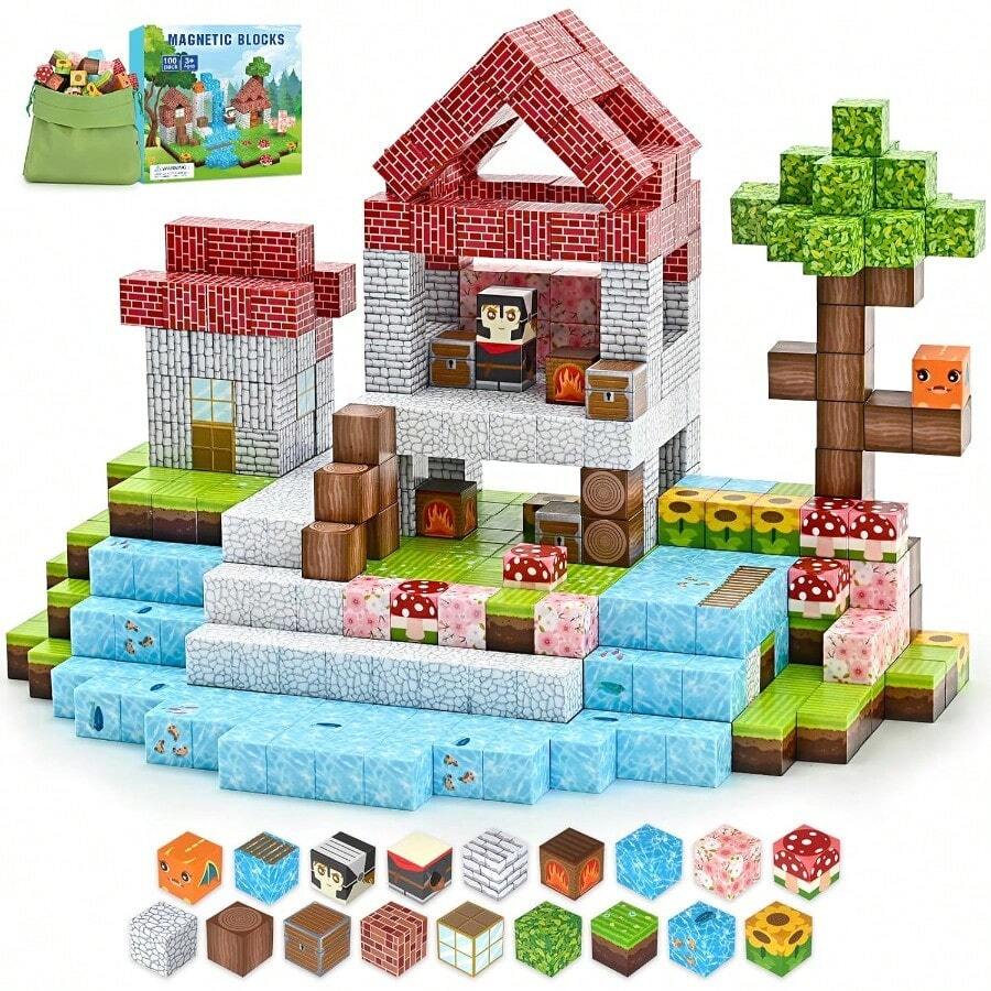 zxr cimetech 100 PCS Bloques Magnéticos Bloques de Construcción Magnéticos Imanes Didácticos Apilables para Niños Juguete Sensorial para Stem Juguetes Sensoriales Montessori para 3 Años Niños-Pradera121 - AzulPradera - Ver 1