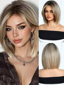 Peruca Ombré Curta e Lisa de 30 cm (12 polegadas), Feminina, com Mechas Brancas e Raízes Escuras, Ideal para Cosplay e Uso Diário, Fibra Sintética Resistente a Altas Temperaturas. - Ombre marrom - Ver 3