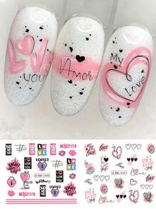 12 Designs/Sheet Cartoon Pink Heart Nail Stickers Valentine's Day Design Pink Red Gradient Hollow Sweet Love Heart Lock Cloud English Letter Lips Dessert Coffee Water Transfer Slider DIY Date Wedding Holiday Romantic Fashion Salon Manicure Decoration Nail Supplies For Women And Girls Gift