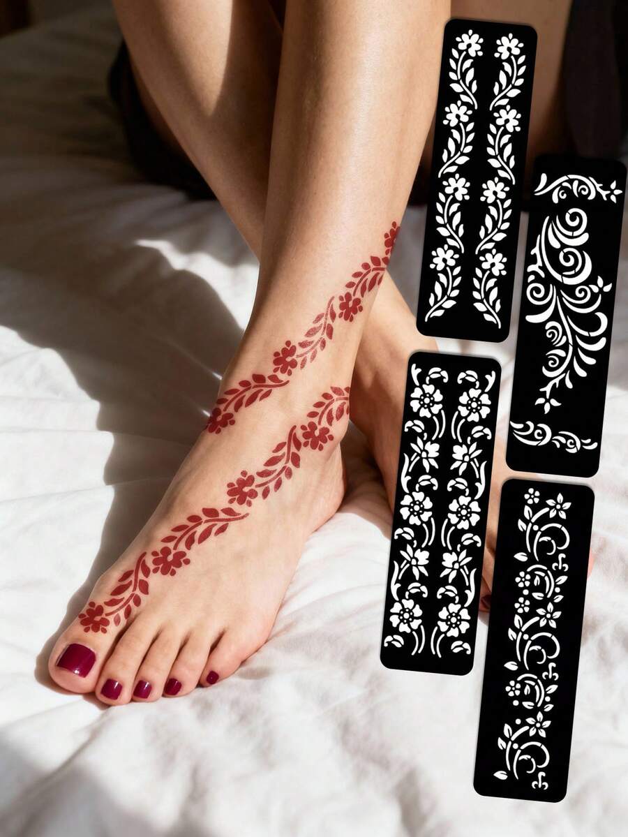 Hana Hand Drawn Tattoo Hollow Template Minimalism Hana Bride Elegant Lace Mandala Flower Pattern Sticker Suitable For Hands, Feet, Shoulders, Neck, Collarbone Semi Permanent Fake Tattoo Sticker 1 Pack - Black - View 1