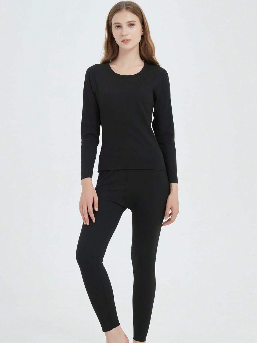 2 件装新款女士高弹力保暖内衣套装，无缝修身内衣 - 黑色 - 查看 1