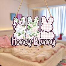Adorable placa decorativa de conejito de madera con letras a cuadros florales para colgar en la puerta de Pascua. - Rosa - Ver 4