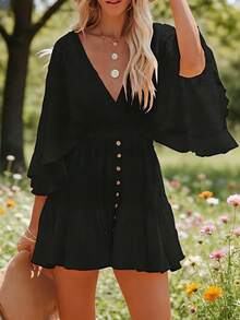 Vestido con escote en V profundo, cintura con botones, bajo con volantes y aplicaciones de encaje, mangas tipo murciélago para mujer - Negro - Ver 1