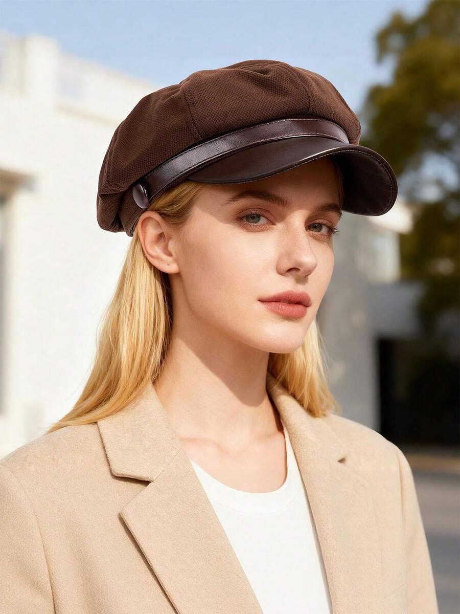 Fashion Women Men Newsboy Hat Baker Boy Peaked Beret Cap Vintage Visor Hat Cap - 咖啡棕 - 查看 1