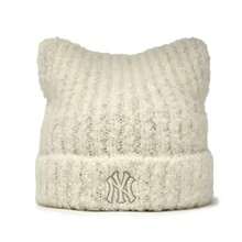 MLB Women Beanie Warm Winter Hats Embroidery Knitted Hat, Soft Knit Lazy Beanie For Women, Women Cat Beanie, Warm Cap Cute Cat Ears Knitted Hat Fall - 白色 - 查看 1