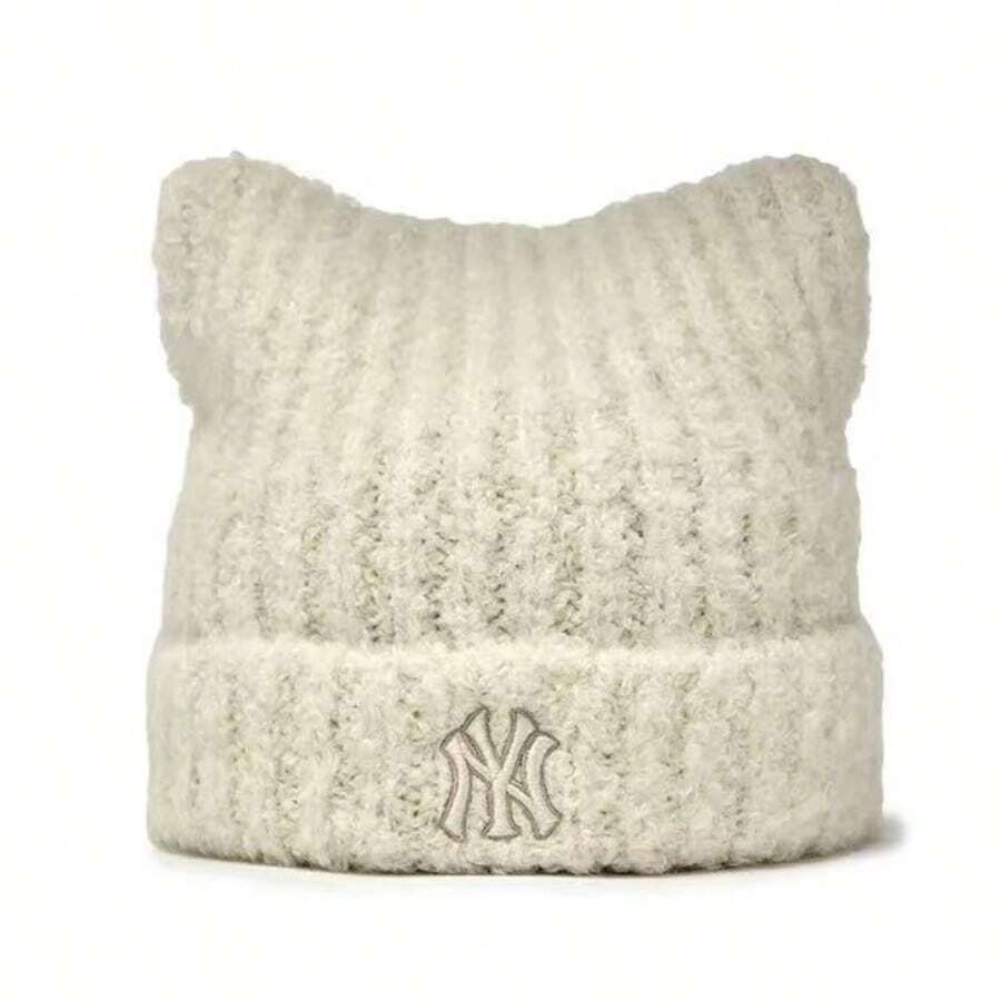 MLB Women Beanie Warm Winter Hats Embroidery Knitted Hat, Soft Knit Lazy Beanie For Women, Women Cat Beanie, Warm Cap Cute Cat Ears Knitted Hat Fall - 白色 - 查看 1