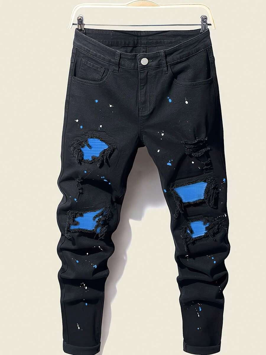 Men's Jeans Men Splash Ink Print Ripped Patched Jeans Men's Jeans(New And Old Packages Will Be Shipped Simultaneously) - Màu xanh lam - Xem 1